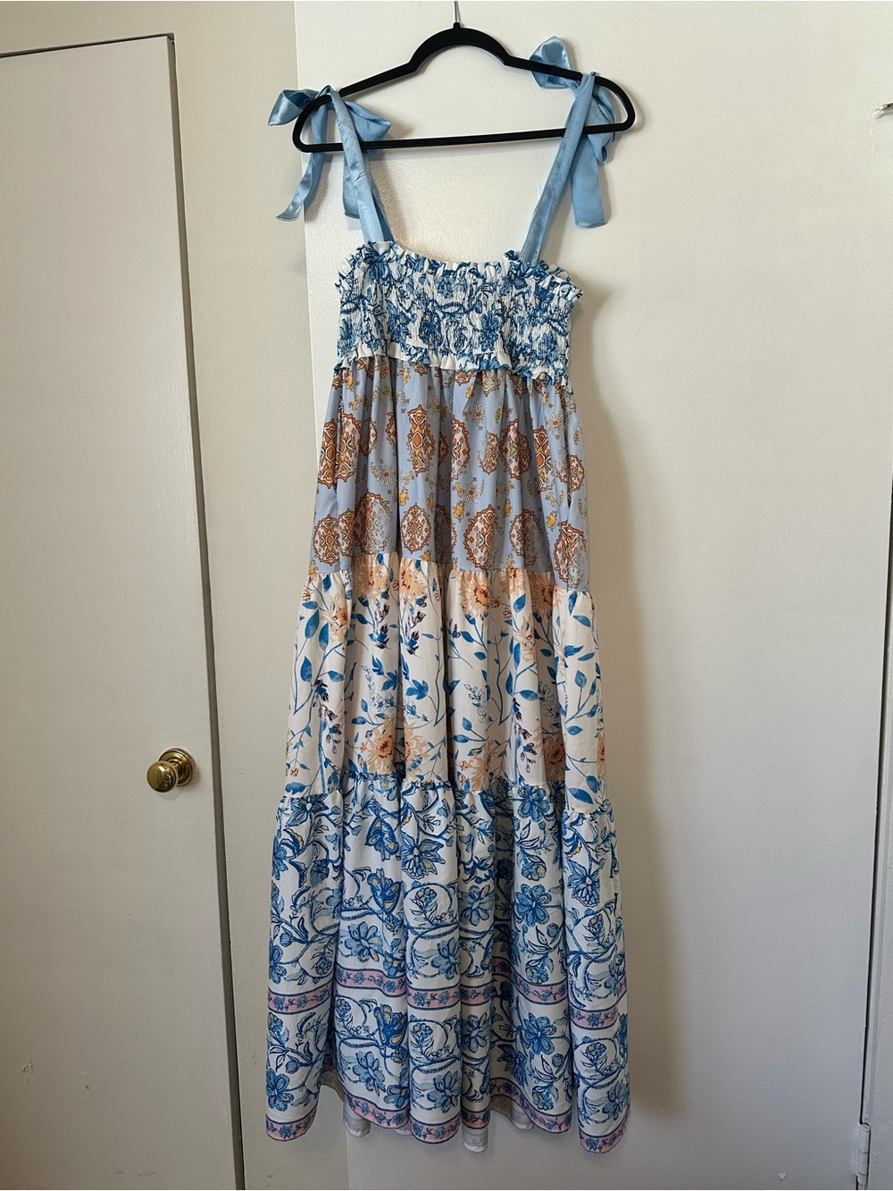 Smocked Tie-Shoulder Maxi Dress in Blue & Cream - Picture 3 of 5